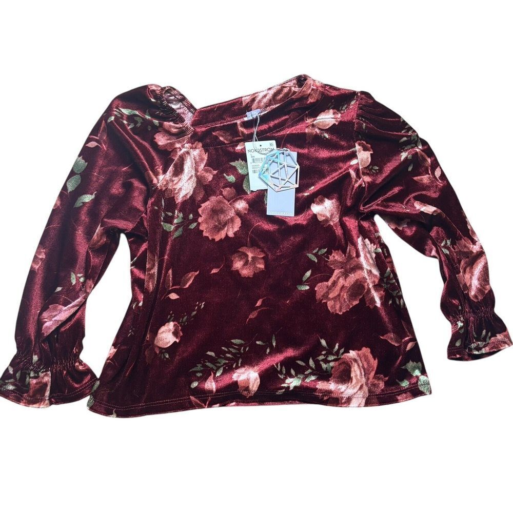 NEW Good Luck Girl Maroon Floral Asymmetrical Neck Long Sleeve Velvet Top Size L